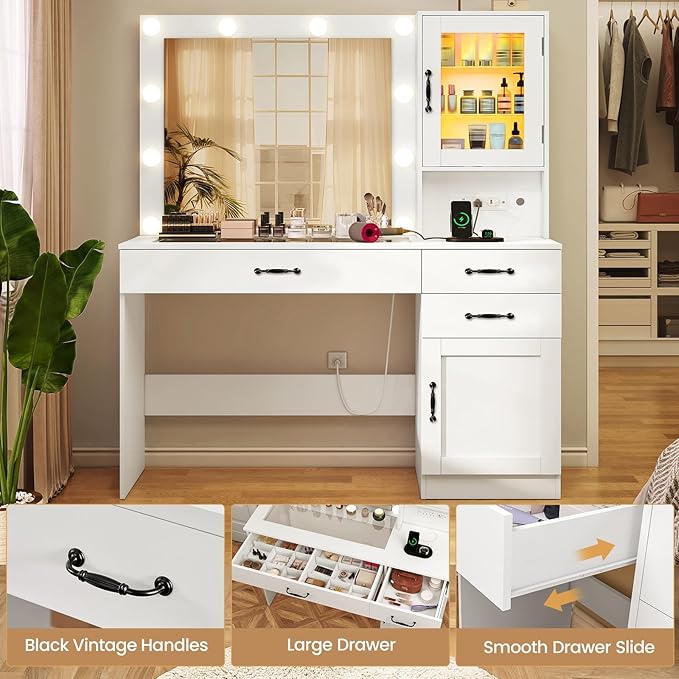Quimoo Vanity Desk, Makeup Vanity with Lights, Large Mirror Vanity with 3 Drawers and 2 Cabinets, Vanity Table Set with Power Outlet and Glass Tabletop, for Bedroom, White