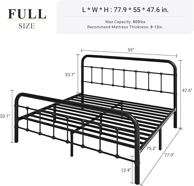 Allewie Full Size Metal Platform Bed Frame with Victorian Style Wrought Iron-Art Headboard/Footboard, No Box Spring Required，Black