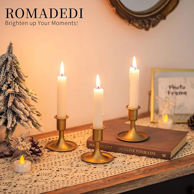 Candlestick Holders Taper Candle Holders, Romadedi Gold Candle Stick Candle Holder for Table Centerpiece, Wedding Reception, Festive Christmas Mantel Decoration or Home Decor, Set of 12