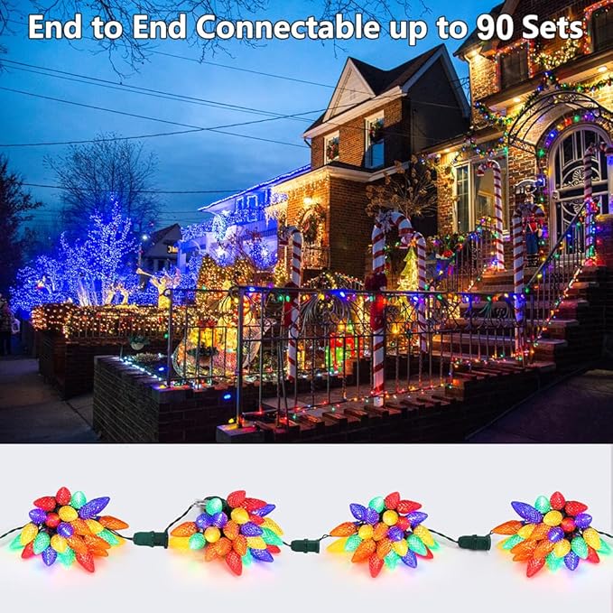 Brizled Christmas Lights Multicolor, 16FT 25 LED Faceted C9 Outdoor Christmas Lights Connectable, 120V UL Certified Xmas Tree Light, Waterproof String Light for Xmas Tree, Wreath, Roof, Patios