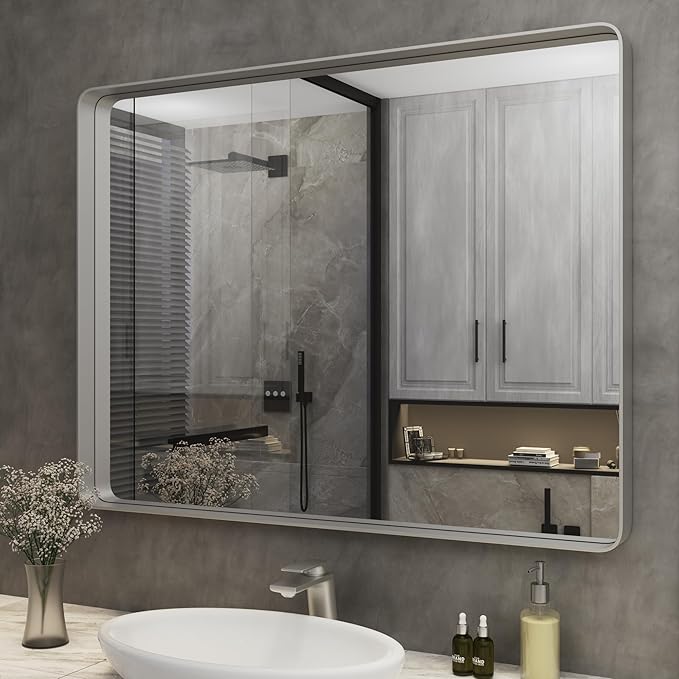 ISKM Silver Framed Mirror for Wall 40"x 30", Brushed Silver Bathroom Vanity Mirror Anti-Rust, Tempered Glass, Rounded Rectangle Mirror(Horizontal/Vertical)