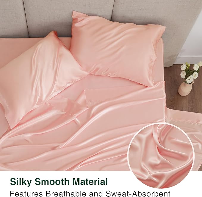 Love's cabin Twin Satin Sheets Sets - 3 Piece Coral Silky Bed Sheets with Deep Pockets, Luxury Silk Feel Satin Twin Size Sheet Set Bedding Set (1 Flat Sheet,1 Fitted Sheet,1 Pillow case)