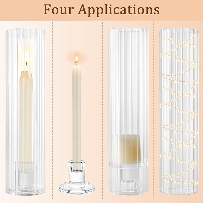 Hurricane Candle Holder Thickened Ribbed Cylinder Covers Taper Candle Sticks Holder Glass Tall Candlesticks Holders Centerpiece for Wedding Dining Table, 4 Pcs