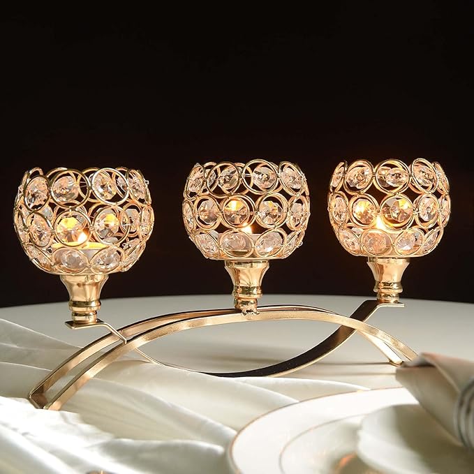 Crystal Tealight Candle Holder Centerpiece Home Decorative Candlestick Holder Elegant Table Centerpiece Home Decor Wedding Party Anniversary (Gold, 3 Arm of 4 Pcs)