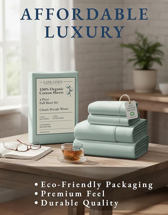 LANE LINEN 100% Organic Cotton Full Sheets Set, Soft & Comfy Percale Weave Fully Elasticized Reinforced Seams Sustainably Produced Oeko Tex Certified Deep Pocket Cotton Full Size Sheet - Cool Blue