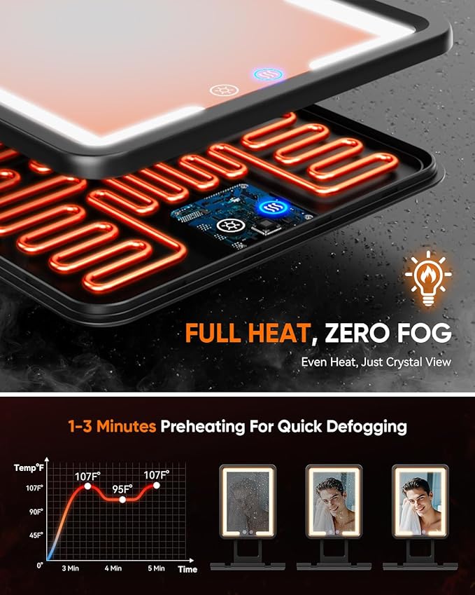 Heated Shower Mirror Fogless for Shaving 2025 New, 3 Colors Stepless Dimmable Lights Anti Fog Shower Mirror, Fog Free Mirror for Shaving with Razor Holder for Men, NO-Drilling, Removable - Black