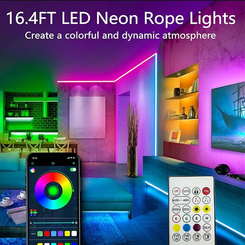 16.4FT Neon Rope Lights,Flexible Led Rope Light Control with App/Remote,Multiple Modes,Music Sync,IP65 Outdoor RGB Led Strip Lights Waterproof