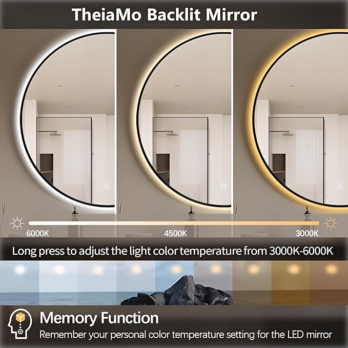 24" Round LED Bathroom Mirror, Wall Mounted Backlit Vanity Mirror with 45° Beveled Frame Lighted Mirror for Bedroom, Fog Free 3-Color Dimmable Lights Memory Function, Black