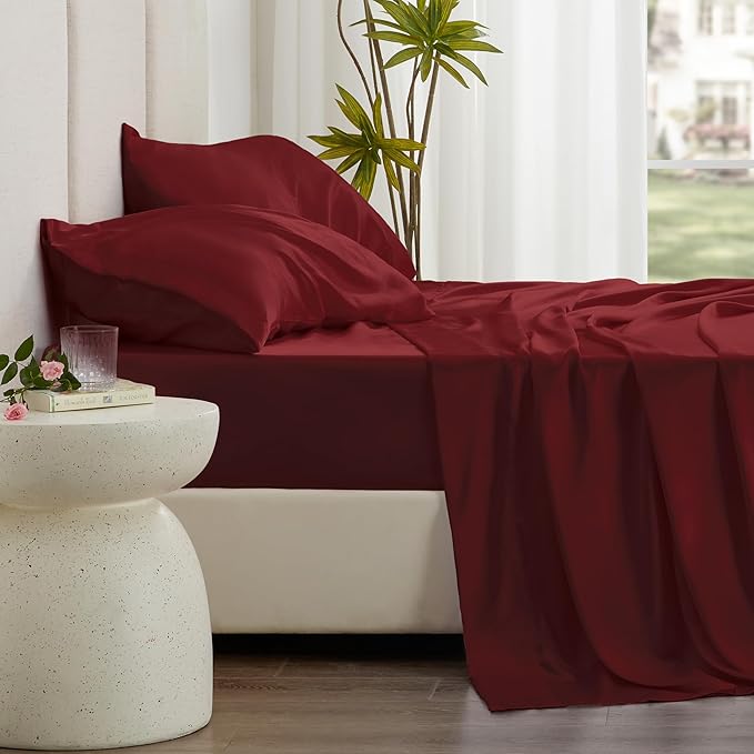 Love's cabin Twin XL Satin Sheet Sets - 3 Piece Burgundy Silky Bed Sheets with Deep Pockets, Luxury Silk Feel Satin Sheet Set Twin XL (1 Flat Sheet,1 Fitted Sheet,1 Pillow case)