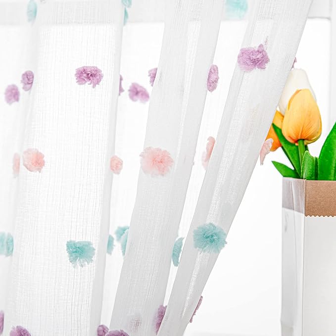 MYSKY HOME 45 Inches Kitchen Curtains Small Window Curtains for Bathroom Cafe Bedroom Rainbow Pom Pom Sheer Curtains for Nursery Room Rod Pocket 2 Pieces Drapes 38 x 45 inch Length
