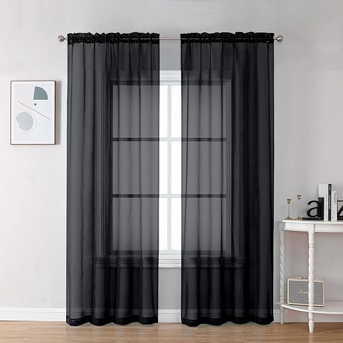 Chyhomenyc Sheer Black Curtains 90 inches Long 2 Panels, Light Filtering Soft Airy Solid Elegant Voile Window Treatment Drapes for Bedroom Living Room Wedding Party Decor, 42 Wx90 L Inches