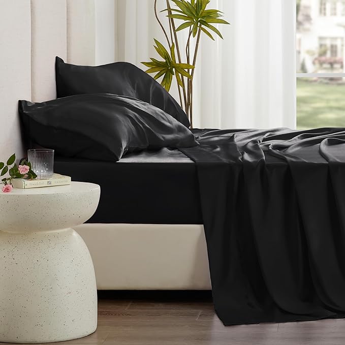 Love's cabin California King Satin Sheet Sets - 4 Piece Black Silky Sheets Bed Set with Deep Pocket, Luxury Silk Feel Satin Cal King Sheet Set (1 Flat Sheet,1 Fitted Sheet,2 Pillow Cases)