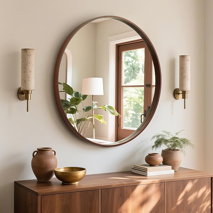 WallBeyond Round Wood Mirror, 32" Round Modern Decoration Large Circle Wall Mirror for Bathroom Living Room Bedroom Entryway, Walnut