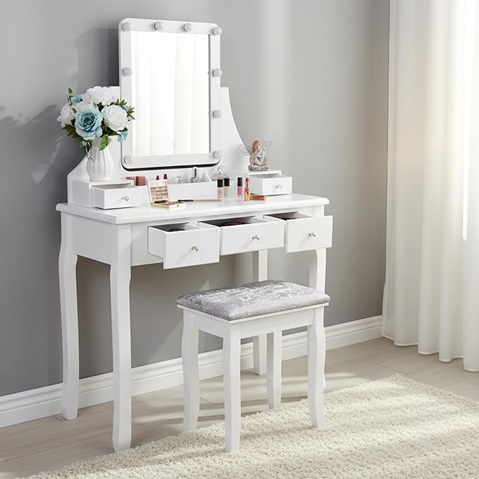 BEWISHOME Makeup Vanity Desk with Lights,Girls Vanity Set with Mirror and Stool,Small Vanity Desk with 5 Drawers,3 Light Settings,Adjustable Brightness,Dressing Table for Bedroom,White FST08W