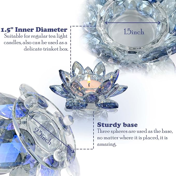 Crystal Lotus Flower Tealight Candle Holders/Glass Tea Light Candlestick Decor Decoration for Christmas Home Wedding Party… (Blue 1pc)