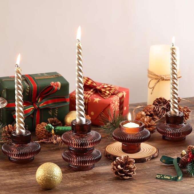 Brown Candlestick Holders Set of 10, Taper Candle Holders for Fall Wedding Table Centerpiece, Ribbed Glass Votive Candle Holders for Dinner Party Halloween Thanksgiving Decor