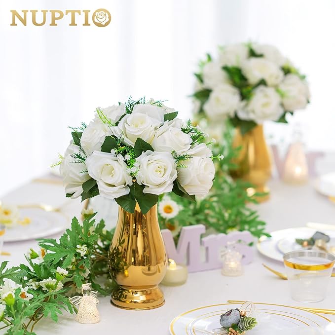 NUPTIO 10 Pieces White Fake Flower Ball Arrangement Bouquet 15 Heads Plastic Roses with Base, Suitable for Wedding Centerpiece Flower Rack for Parties Home Décor