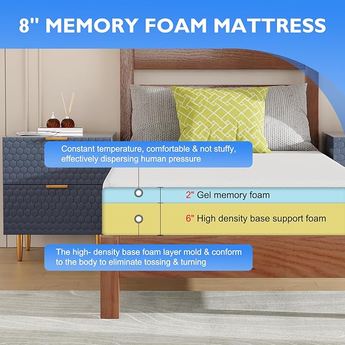 BestMassage | 8 Inch Twin XL Mattress | Gel Memory Foam | Medium Firm Feel | White | Bed in a Box, CertiPUR-US Certified | Pressure Relief, Cooling Ventilated Foam | Breathable Knit Cover