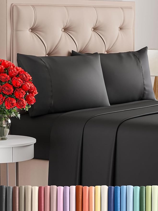 Twin 4 Piece Sheet Set - Comfy Breathable & Cooling - Ultra Soft Hotel Luxury Bedding Set with 8-16 Inch Deep Pockets - 1 Flat & 1 Fitted Sheet & 2 Pillowcases - Cozy, Wrinkle Free & Easy Care - Black