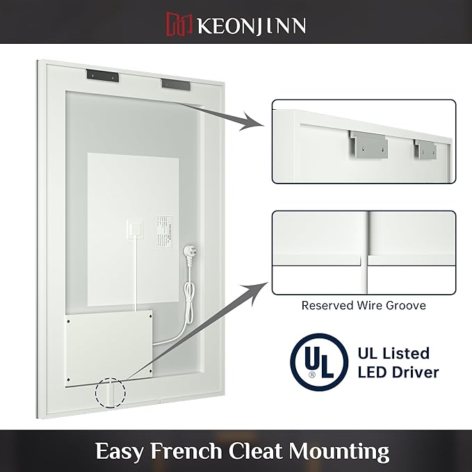 Keonjinn LED Mirror 24 x 32 Inch, Lighted Bathroom Vanity Mirror for Wall, Fronlit Only, HD Tempered Glass, UL-Listed LED Driver, Anti-Fog, Dimmale 6000K, Easy Installation(Horizontal/Vertical)