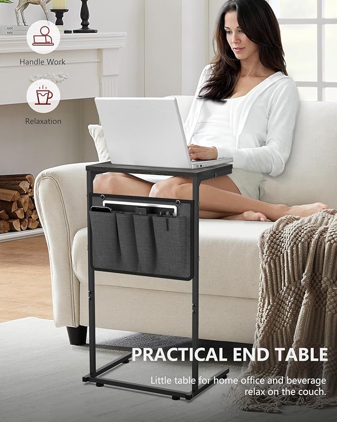 Vantic C Shaped End Table, Small Side Table for Couch and Recliner, Slide Under Sofa Tray Desk with Storage Bag for Living Room and Bedroom, Deep Grey