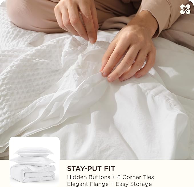 Bedsure Cotton Duvet Cover Twin - 100% Cotton Waffle Weave Coconut White Duvet Cover Twin Size, GentleSoft™ and Breathable Bedding Set for Gifts, 2 Pieces, 68"x90"