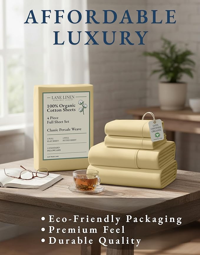 LANE LINEN 100% Organic Cotton Full Size Bed Sheets, Sustainably Produced Okeo Tex Certified Cotton Sheets Full, Luxury Hotel Percale Soft & Comfy Comes in Variety of Colors- Vanilla