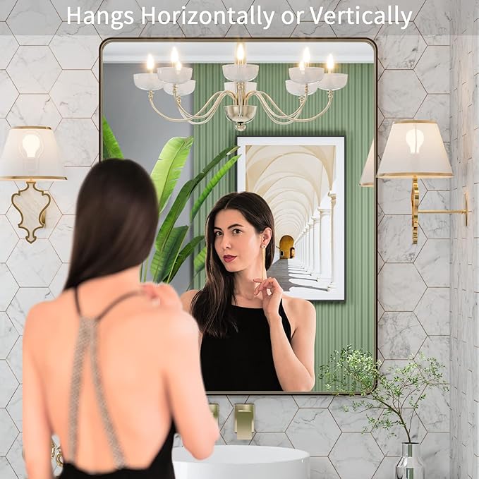 LOAAO 28”X36” Bronze Bathroom Mirrors for Vanity, Rounded Rectangle Brushed Bronze Metal Frame Mirror, Anti-Rust, Hangs Horizontally or Vertically