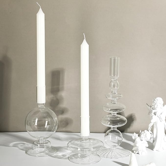 Rtteri 3 Pcs Glass Candlestick Holders Glass Candle Holders Groovy Wavy Elegant Taper Candle Stick for Wedding Home Birthday Party Christmas Halloween Decoration Windowsill Decor(Clear)
