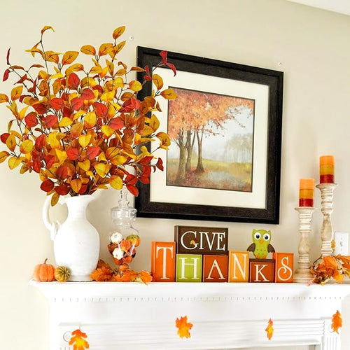 16pcs Artificial Fall Leaves Stems, 27" Fall Flowers Eucalyptus Leaves Branches Faux Fall Leaf Spray Fall Decorations for Home Floral Arrangement Autumn Table Centerpiece