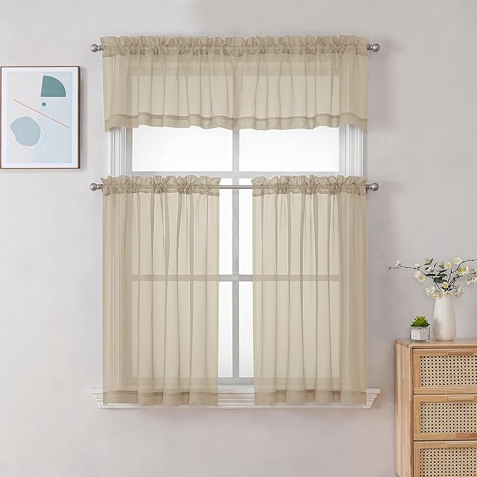 Chyhomenyc Taupe Sheer Curtains 24 Inch Length, Short Window Curtains for Bathroom Living Room Basement, Light Filtering Small Cafe Curtains, 42W x 24L Inches, 2 Panels