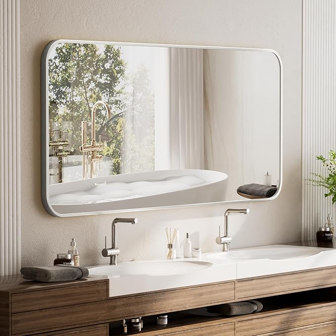 BEAUTYPEAK Wall Mounted Bathroom Mirror - 26" x 38" Silver Rectangular Aluminum Alloy Frame Mirror with Rounded Corners