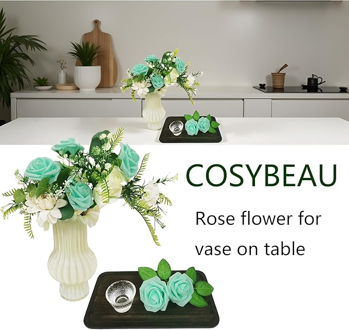 Artificial Rose Flowers 25pcs, Cyan Foam Fake Rose Faux Flower for Wedding Bouquets Bridal Shower Centerpieces Floral Arrangements Home Decorations Party Backdrops Table