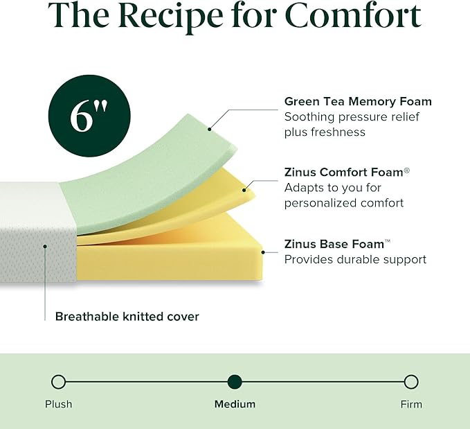 ZINUS 6 Inch King Green Tea Memory Foam Mattress [New Version], Fiberglass free, Medium Firm Feel, Zoned Pressure Relief, Certified Safe Foams & Fabric, Mattress in A Box