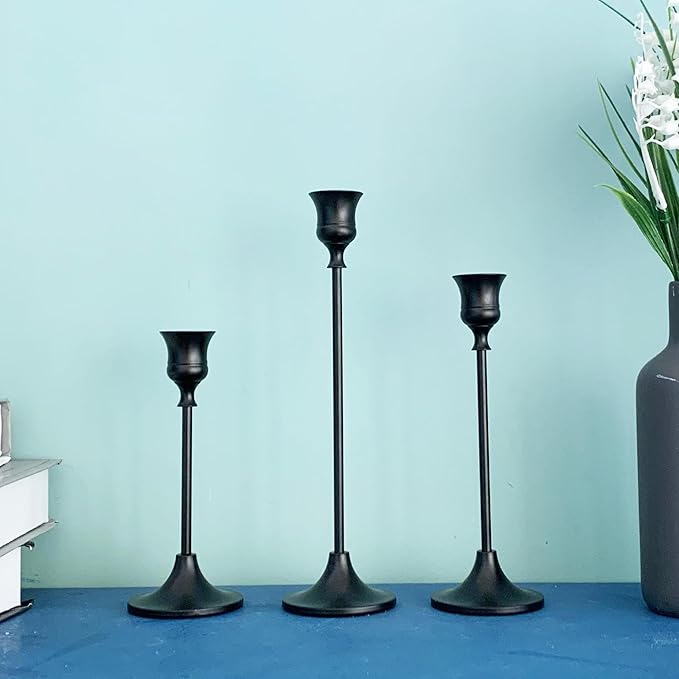 6PCS Black Candlestick Holders Taper Candle Holders Metal Candle Sticks Holder Decor for Halloween Friendsgiving Thanksgiving Decorations Christmas Dinning Table Fireplace Home