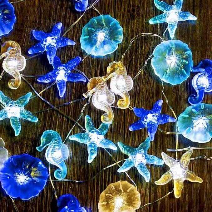 Impress Life Ocean Theme String Lights, Beach Decor Starfish Seahorse Sand Dollars Nautical Decorative Lights Battery & USB Plug In with Remote 10 ft 30 LEDs for Covered Outdoor Bedroom Birthday Party