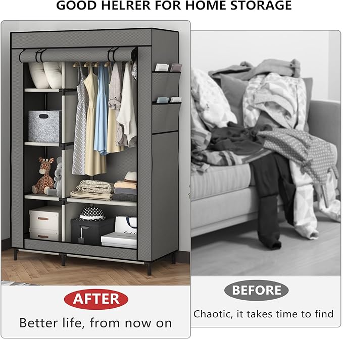 Buzowruil Portable Closet Wardrobe - 6-Shelf Storage with Hanging Rail, Non-Woven Fabric, Dust-Resistant, Easy Assembly, Space-Saving Design, Grey