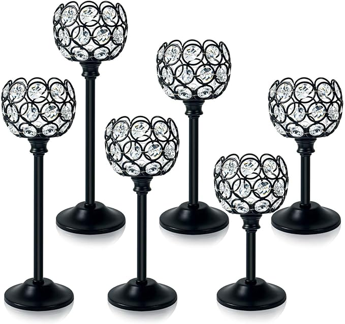 6pcs Crystal Candle Holder Set, 3 Sizes Tealight Candlestick Holders, Elegant Black Candelabra Bulk for Wedding Table Centerpiece, Fireplace, Home & Living Room Decor
