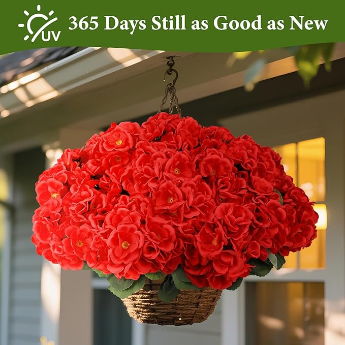 NESCCI 16 Pack Artificial Geranium Flowers for Outdoors UV Resistant Artificial Flowers Silk Geranium Fake Flowers Faux Flower for Outdoor Planters Garden Plants Window Sill Courtyard Home Decor(Red)