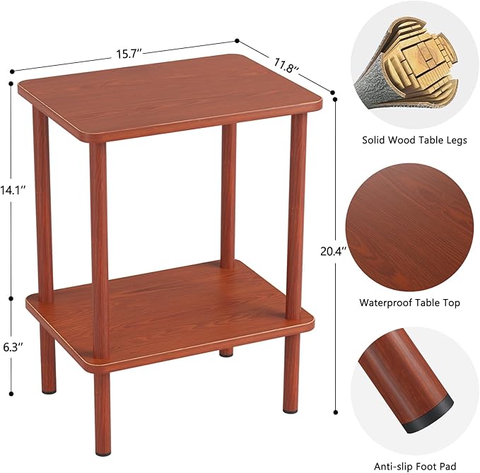 Apicizon 2 Tier End Table, Small Side Table with Solid Wood Legs, Boho Bedside Table with Storage Shelf, Nightstand for Small Spaces, Bedroom, Living Room, Entryway, Easy Assembly, Vintage Brown