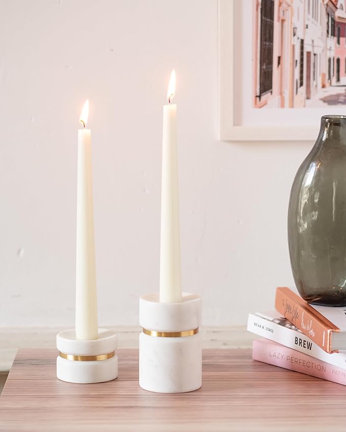 Cork & Mill Taper Candle Holders for Candlesticks, Set of 2 Handcrafted White Marble and Gold Brass Candle Stick Holders, Modern Centerpiece for Dining Table Decor or Mantle