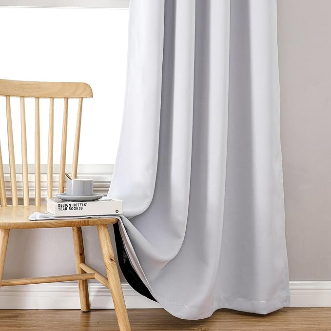 ChrisDowa 100% Blackout Curtains 80 inch Long for Bedroom with Black Liner, 2 Thick Layers Total Blackout Thermal Insulated Grommet Window Curtains 2 Panels Set (Greyish White, 52 x 80 Inch)