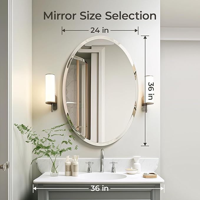 USHOWER Bathroom Mirror for Over Sink, 24x36 Inch Oval Frameless Mirror, Beveled and Polished, Decorative Wall Mirror for Bathroom, Bedroom, Vanity, Entryway, Modern and Elegant