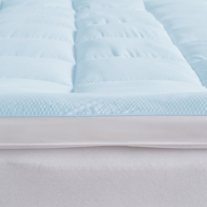 Great Bay Home Twin Cooling Mattress Topper. Thick, Elastic Corner Mattress Pad. Ultra-Soft Cooling Pillowtop Mattress Cover & Protector. Fits Mattresses up to 18” (Twin, Light Blue)