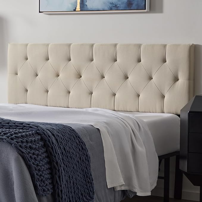 Lucid Mid-Rise Upholstered Headboard - Diamond Tufted - Padded Polyester - Adjustable Height from 34” to 46” - Easy Assembly - Bed Frame or Wall Mount - Sturdy - Pearl - King / Cal King Size