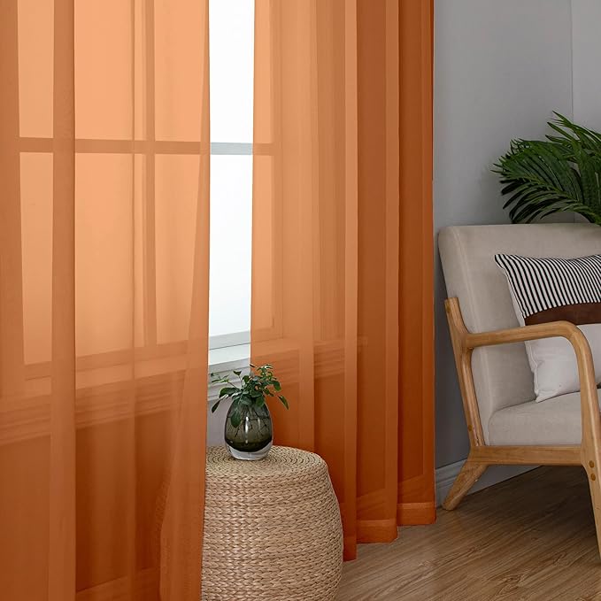 Aiyufeng Orange Sheer Curtains 90 Inches Long 2 Panels Set, Light Filtering Soft Airy Voile Rod Pocket Orange Sheer Window Drapes for Bedroom Living Room, Each 42Wx90L Inches
