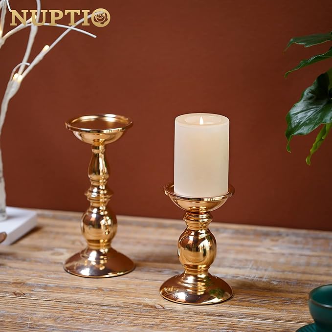 2 Pcs Gold Pillar Candle Holders, Gold Candlestick Most Ideal for 3" Pillar Candles, Gifts for Wedding, Party, Home, Spa, Reiki, Votive Candle (S + L)
