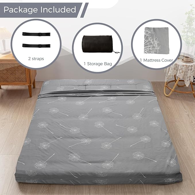 MAXYOYO Futon Mattress Japanese Floor Mattress, Extra Thick Dandelion Pattern Bed Mattress Topper, Quilted Folding Sleeping Pad Breathable Floor Lounger Guest Bed for Camping, Grey, Full