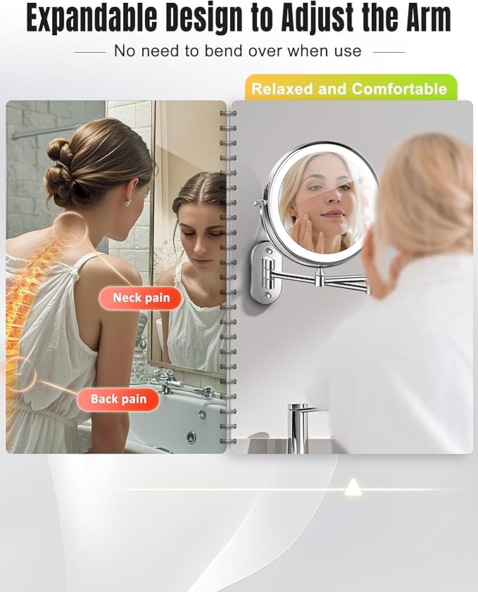 Wall Mounted Makeup Mirror with Light, 20X/1X 8'' Double Sided LED Magnifying Bathroom Lighted Vanity Mirror with Magnification, 3 Color Light up Touch Dimmable Extended Arm 360 Rotation