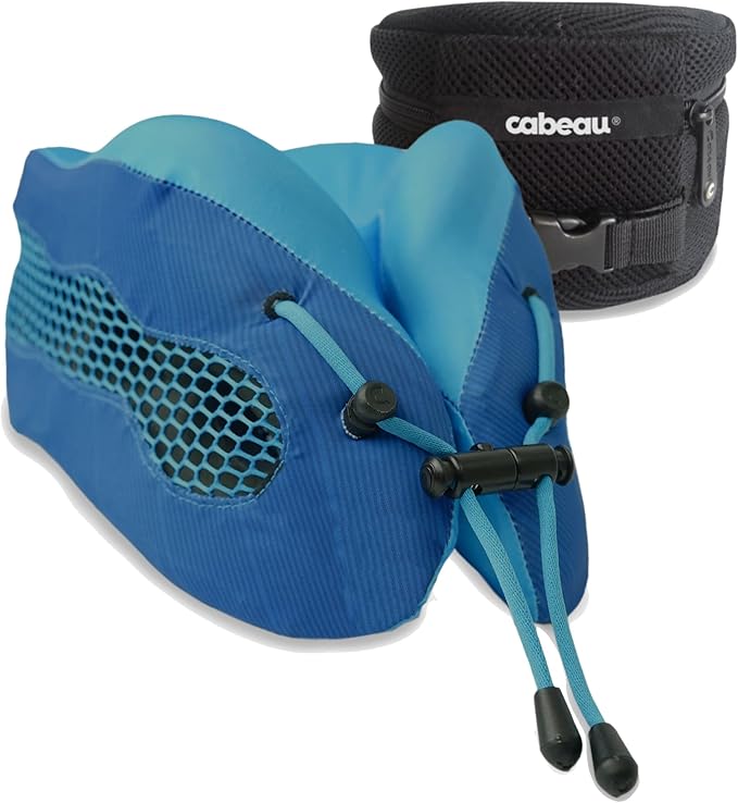 Evolution Cool Travel Neck Pillow by Cabeau - Cooling Airflow Vents, Memory Foam Neck Support, and Adjustable Clasp - Comfort On-The-Go with Carrying Case - Airplane, Train, Car, and Gaming (Blue)